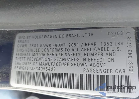 2003 Volkswagen Golf Gls 2.0L from USA, damaged, VIN 9BWGK61J234055409